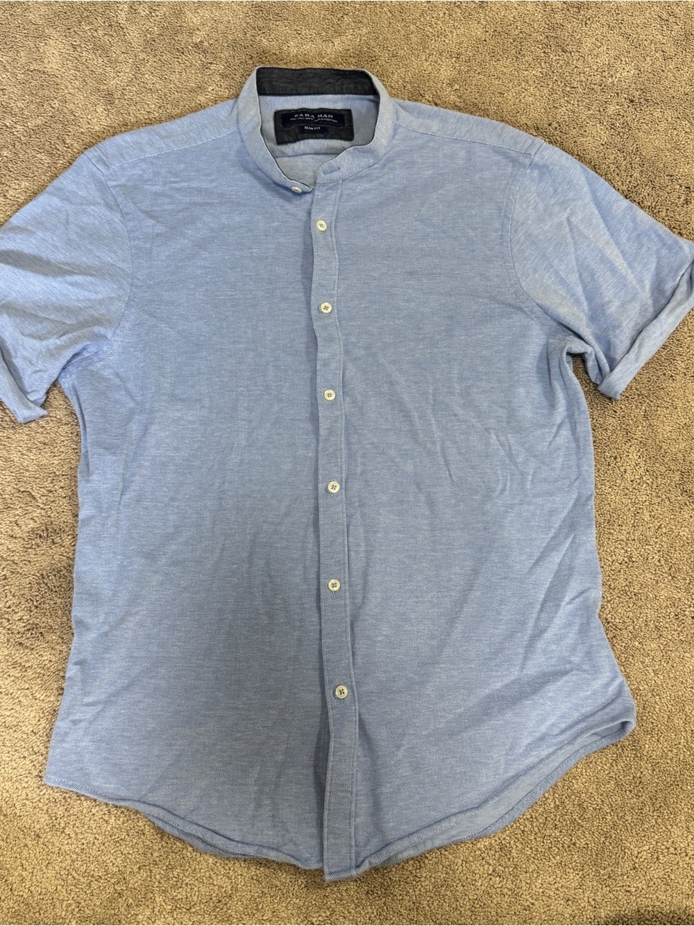 Zara Light Blue Short Sleeve Mandarin-Collar Button-Down Shirt